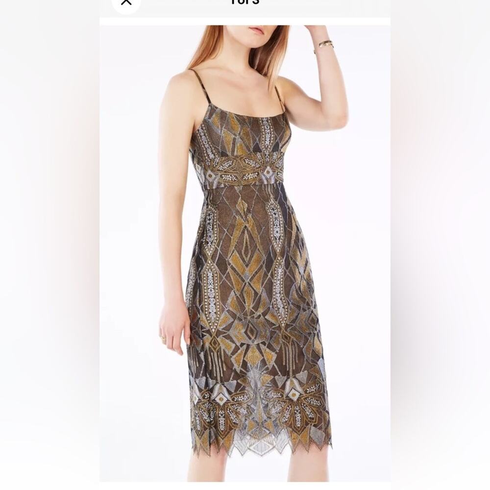 BCBGMAXAZRIA Alese Geometric Metallic Lace Cocktail Dress, EUC, Size 8 MSRP $448